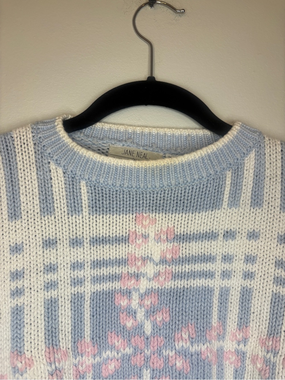 Pastel Blue & White Short-Sleeve Knit Sweater with Pink Accents - Picture 6 of 10